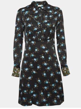 Sandro Black Long-Sleeves Floral Shirt Dress with Blue Rose Print Size 4